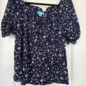NEW CeCe Floral Puff Sleeve Tunic Square Neck Tie Navy White Top Size L